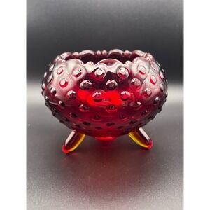 Red Amberina Glass Hobnail Footed Candy Dish Scalloped Edge 4" ~ Fenton? VTG